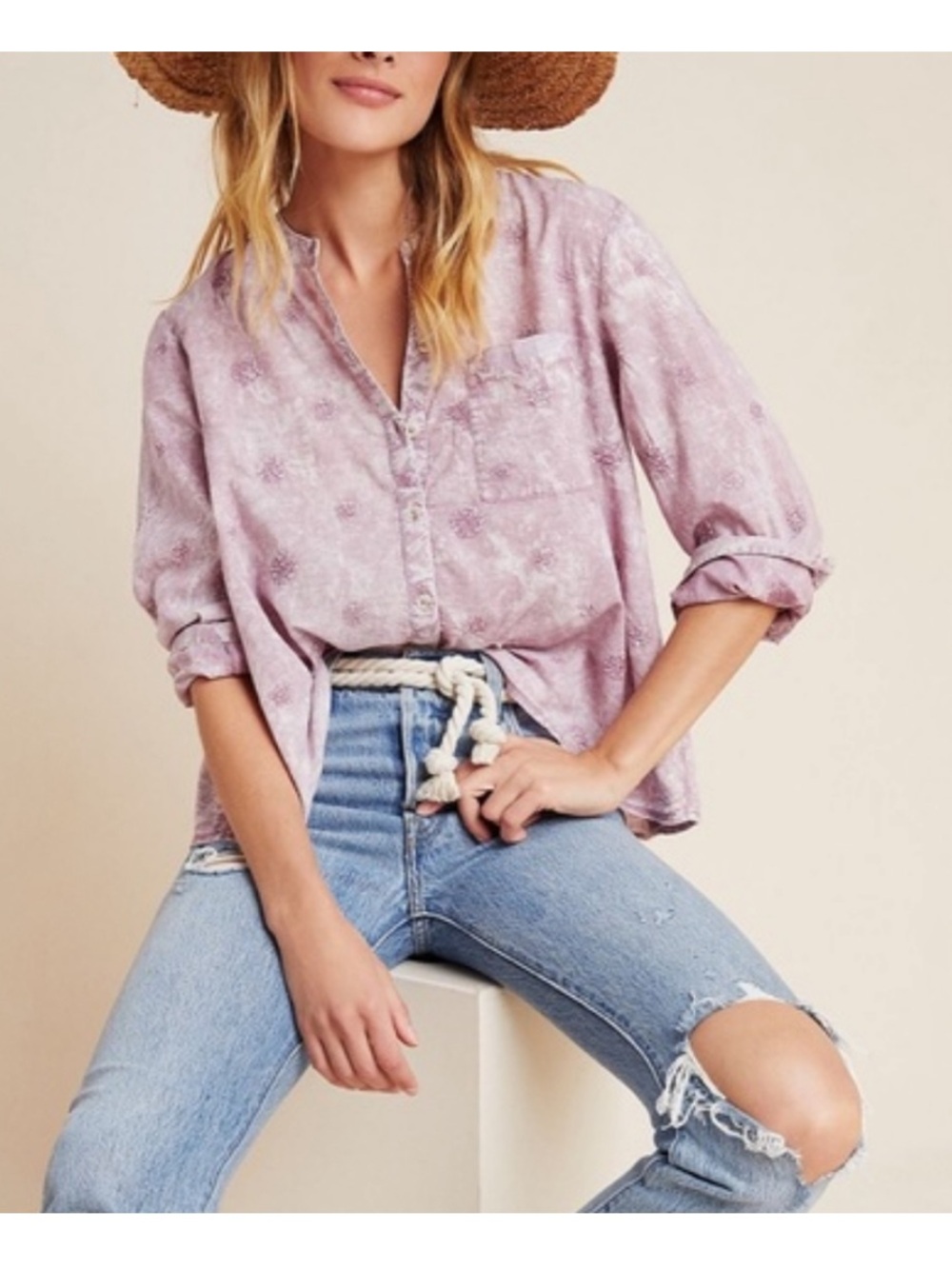 Anthropologie Pilcro Button Down Embroidered Purplish Pink top. Size XL